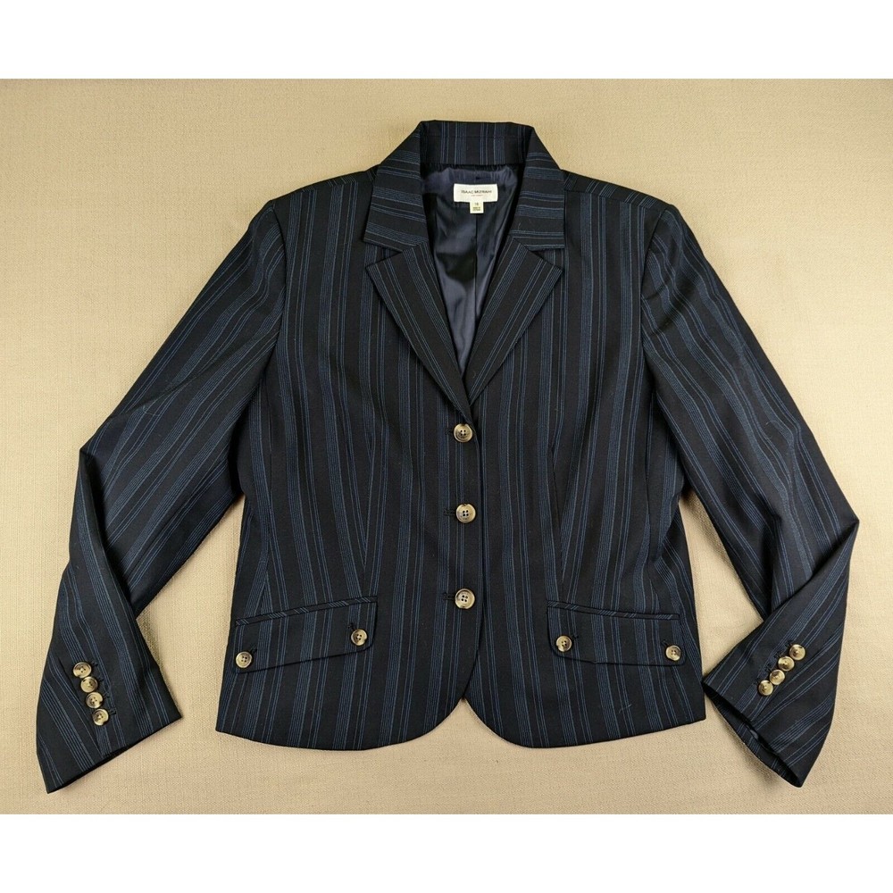 Issac Mizrahi Sz 16 Women M-L Career Jacket Blazer Gold Button Black Striped